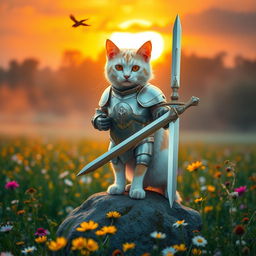 A majestic white cat with striking orange eyes and light brown spots, wearing a sleek metallic armor suit, confidently holding a gleaming sword