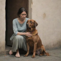 A melancholic scene of a sad woman sitting beside a downcast brown dog, their expressions mirroring each other's sorrow.