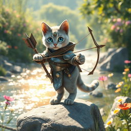 A light gray cat with captivating blue eyes and distinctive black spots, outfitted in a glossy armor suit, skillfully holding a bow and arrow