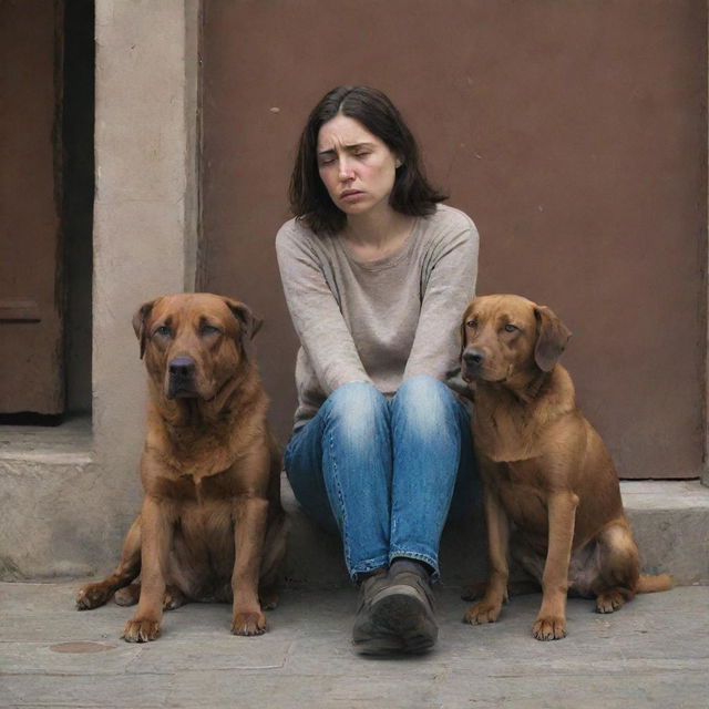 A melancholic scene of a sad woman sitting beside a downcast brown dog, their expressions mirroring each other's sorrow.