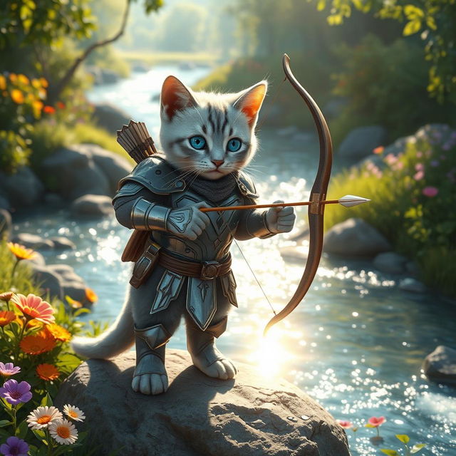 A light gray cat with captivating blue eyes and distinctive black spots, outfitted in a glossy armor suit, skillfully holding a bow and arrow