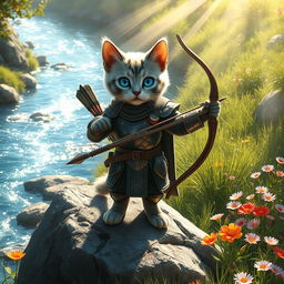 A light gray cat with captivating blue eyes and distinctive black spots, outfitted in a glossy armor suit, skillfully holding a bow and arrow