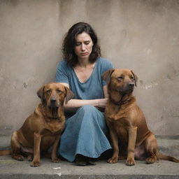 A melancholic scene of a sad woman sitting beside a downcast brown dog, their expressions mirroring each other's sorrow.