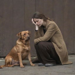 A melancholic scene of a sad woman sitting beside a downcast brown dog, their expressions mirroring each other's sorrow.