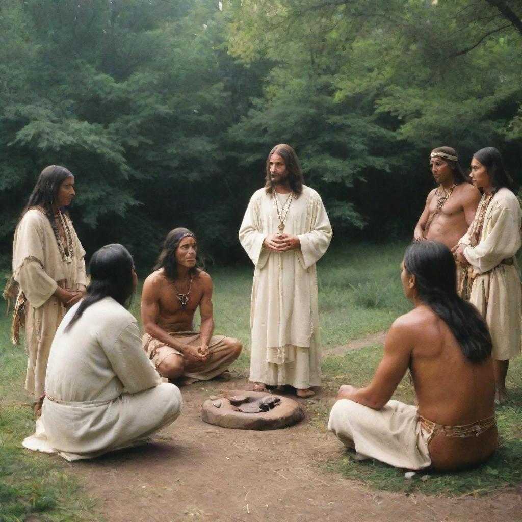 Christ communing with Native Americans, in a peaceful and spiritual exchange, amidst a verdant, outdoor setting