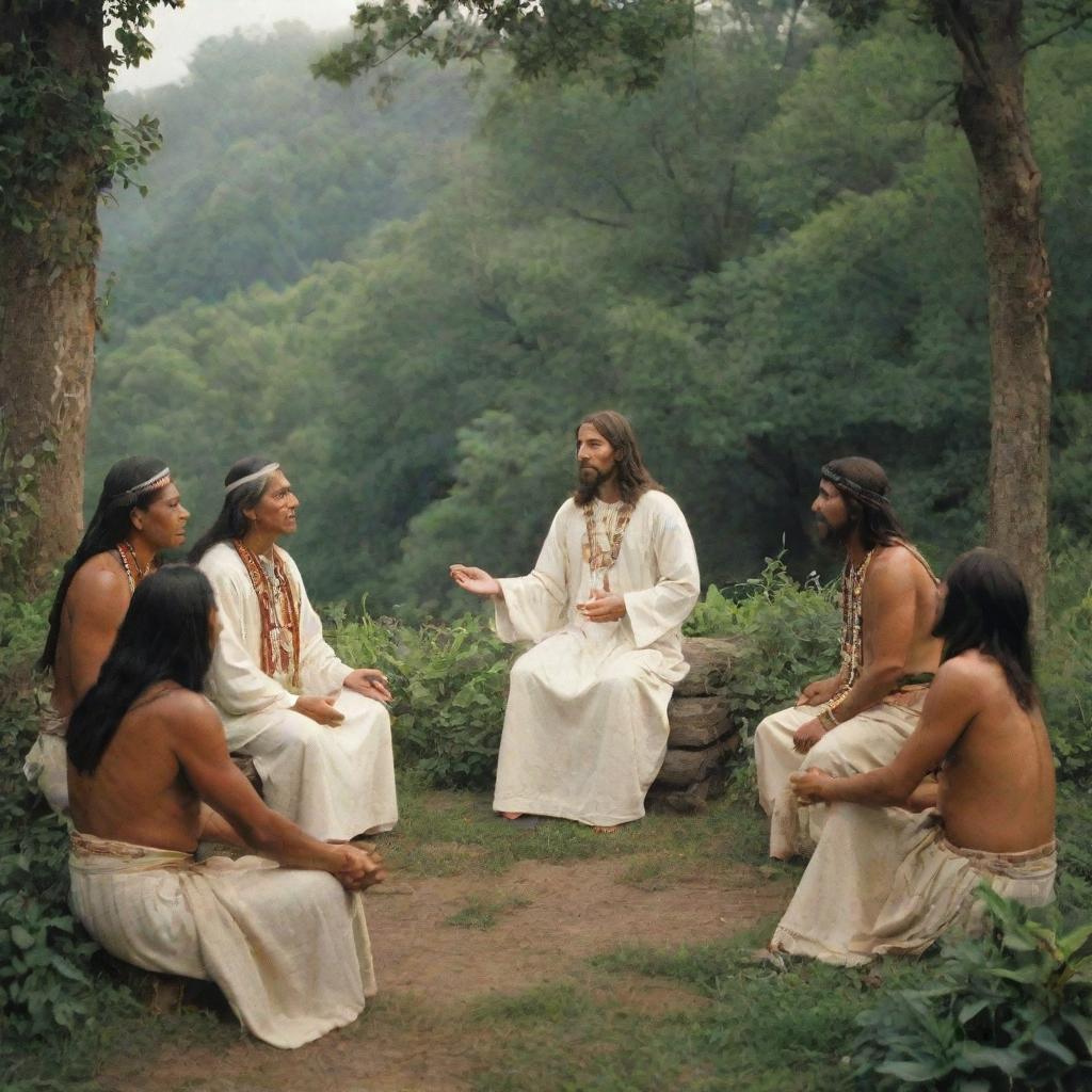 Christ communing with Native Americans, in a peaceful and spiritual exchange, amidst a verdant, outdoor setting