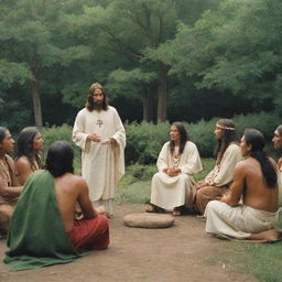 Christ communing with Native Americans, in a peaceful and spiritual exchange, amidst a verdant, outdoor setting