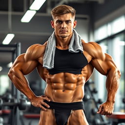 An 18-year-old male bodybuilder standing confidently in a gym setting