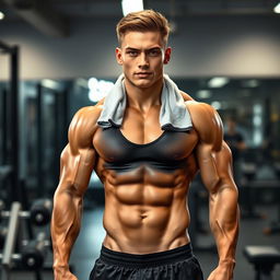 An 18-year-old male bodybuilder standing confidently in a gym setting
