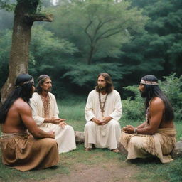 Christ communing with Native Americans, in a peaceful and spiritual exchange, amidst a verdant, outdoor setting