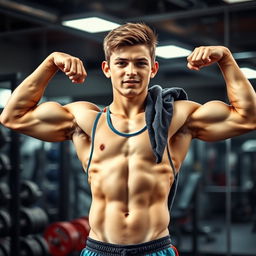 An athletic teenage boy showcasing his muscles in a gym environment