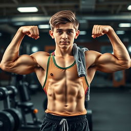 An athletic teenage boy showcasing his muscles in a gym environment