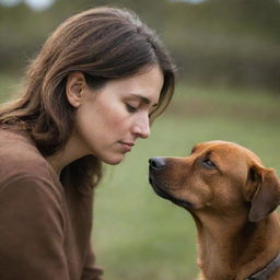 A heartfelt scene of a sad woman and a brown dog looking into each other's eyes, sharing a moment of mutual sorrow.