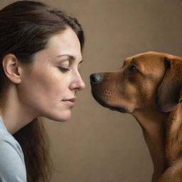 A heartfelt scene of a sad woman and a brown dog looking into each other's eyes, sharing a moment of mutual sorrow.