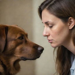 A heartfelt scene of a sad woman and a brown dog looking into each other's eyes, sharing a moment of mutual sorrow.