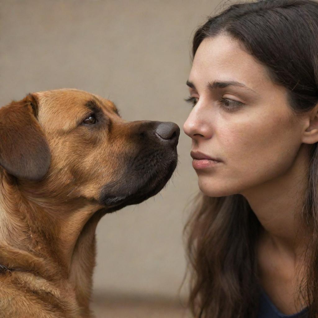 A heartfelt scene of a sad woman and a brown dog looking into each other's eyes, sharing a moment of mutual sorrow.