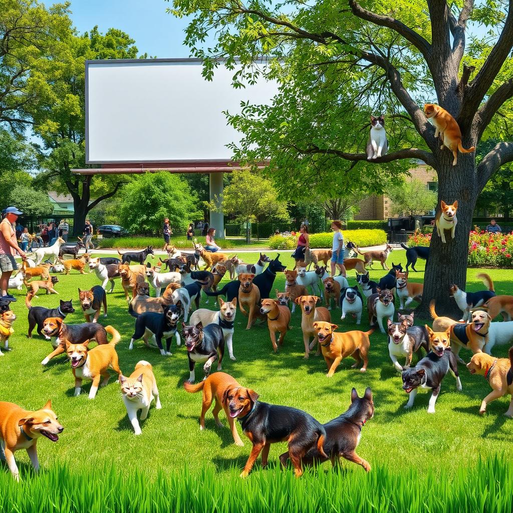 A vibrant scene in a sunny park filled with numerous playful cats and dogs of various breeds interacting happily