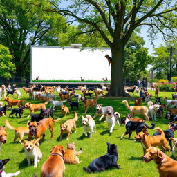 A vibrant scene in a sunny park filled with numerous playful cats and dogs of various breeds interacting happily