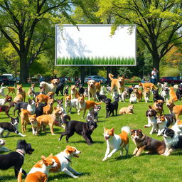 A vibrant scene in a sunny park filled with numerous playful cats and dogs of various breeds interacting happily