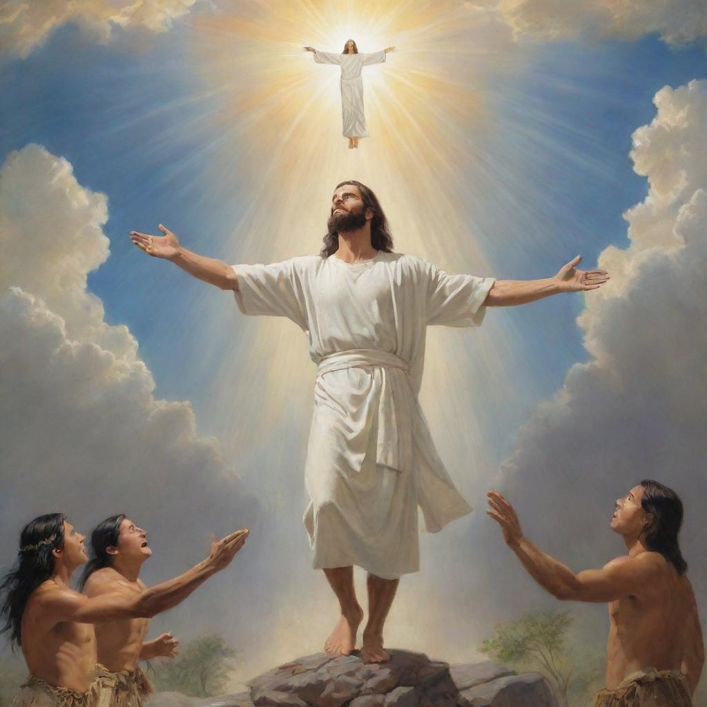 Christ, as depicted in The Book of Mormon, descending from the heavens to commune with Native Americans on earth, imbued with divine light and serenity