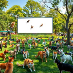 A vibrant scene in a sunny park filled with numerous playful cats and dogs of various breeds interacting happily