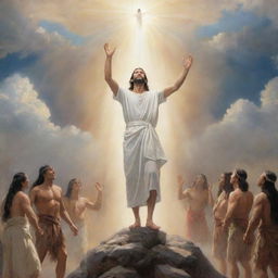 Christ, as depicted in The Book of Mormon, descending from the heavens to commune with Native Americans on earth, imbued with divine light and serenity