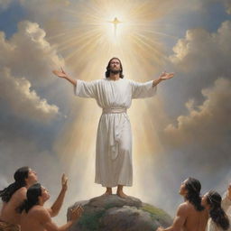 Christ, as depicted in The Book of Mormon, descending from the heavens to commune with Native Americans on earth, imbued with divine light and serenity