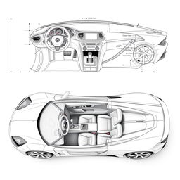 A detailed blueprint of a modern sports car, showcasing interior views including the dashboard and the passenger area without any duplicates