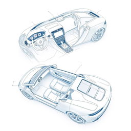 A detailed blueprint of a modern sports car, showcasing interior views including the dashboard and the passenger area without any duplicates