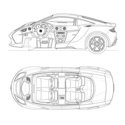 A detailed blueprint of a modern sports car, showcasing interior views including the dashboard and the passenger area without any duplicates