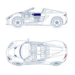 A detailed blueprint of a modern sports car, showcasing interior views including the dashboard and the passenger area without any duplicates