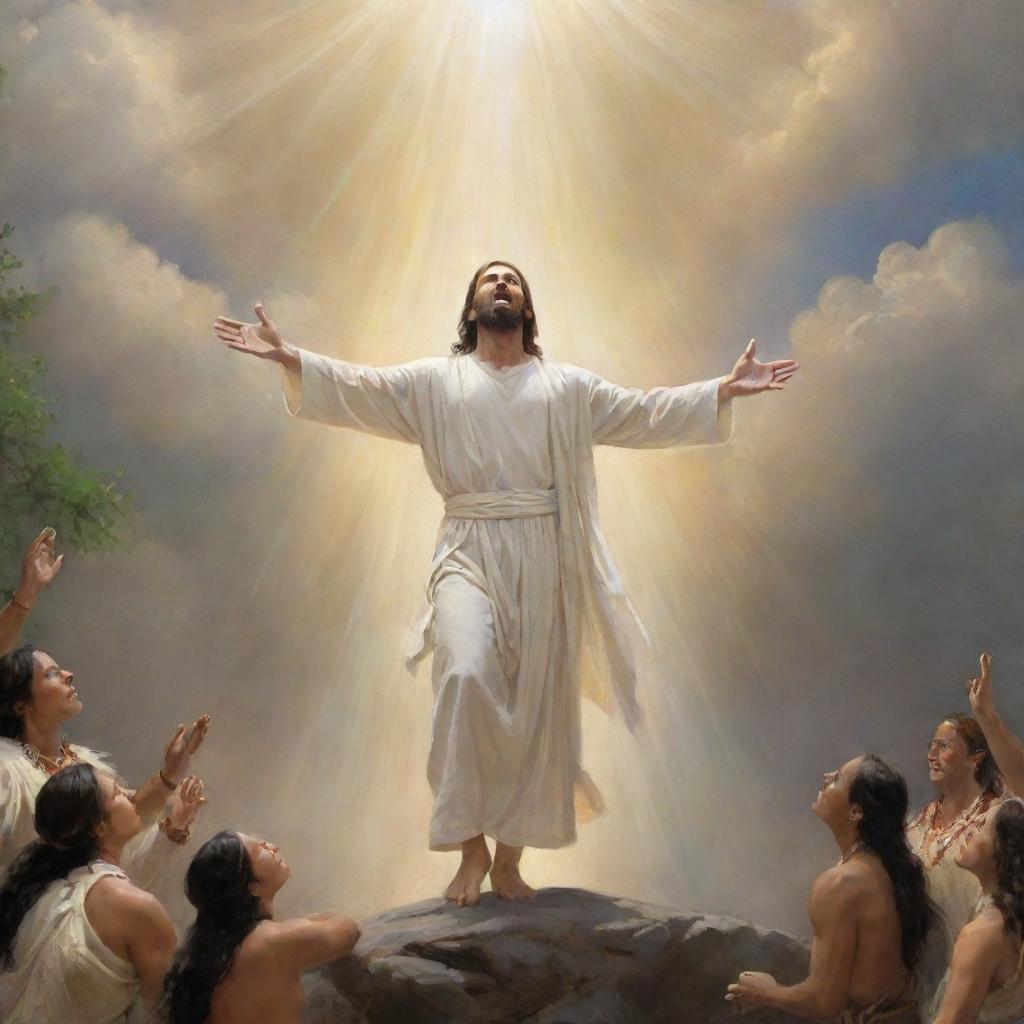 Christ, as depicted in The Book of Mormon, descending from the heavens to commune with Native Americans on earth, imbued with divine light and serenity