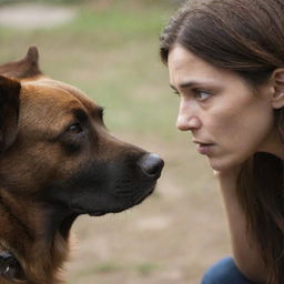 A compassionate woman with visible empathy in her eyes, facing a brown, melancholy-looking dog, appearing to engage in a profound conversation with him.