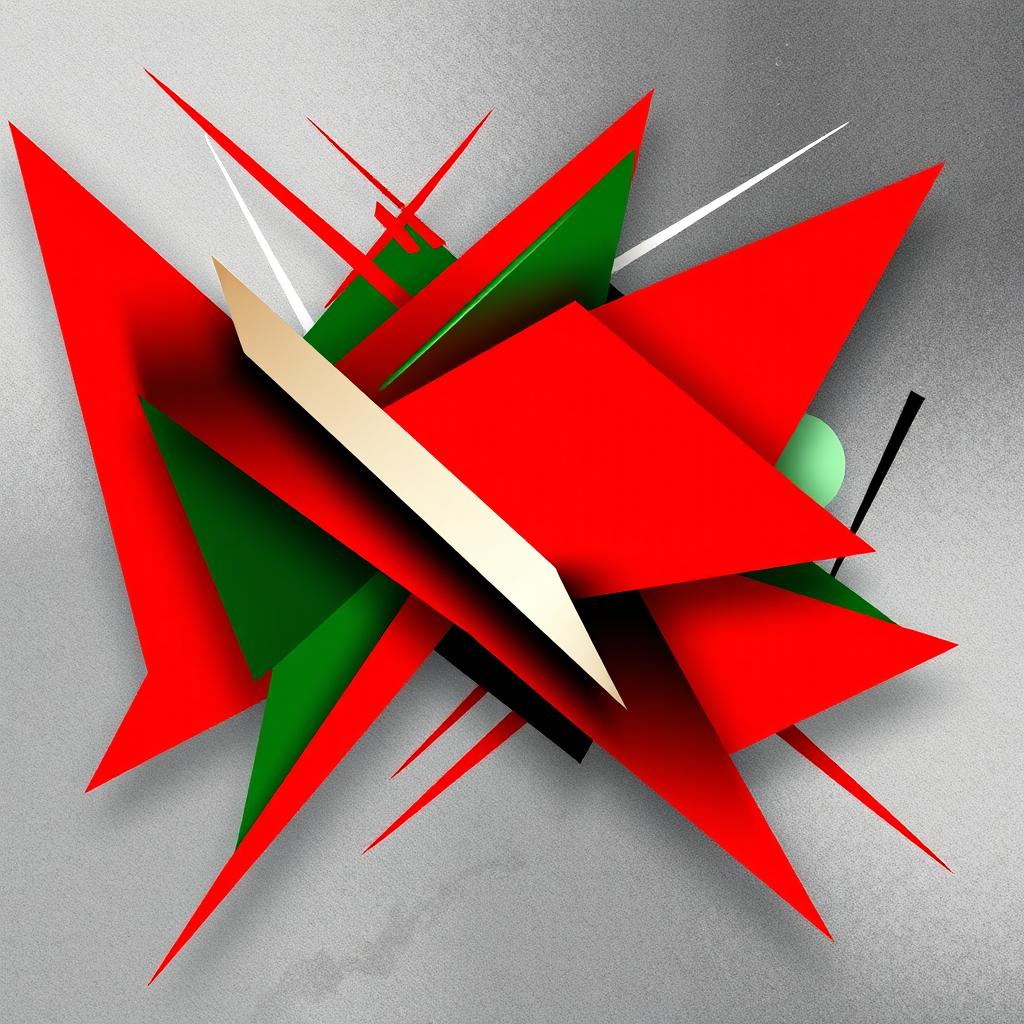 A dynamic abstract composition featuring contrasting geometric shapes in vivid red and green hues