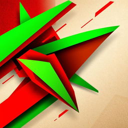 A dynamic abstract composition featuring contrasting geometric shapes in vivid red and green hues