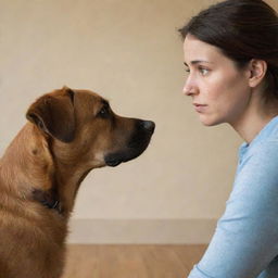 A compassionate woman with visible empathy in her eyes, facing a brown, melancholy-looking dog, appearing to engage in a profound conversation with him.