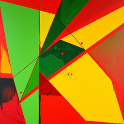 A dynamic non-objective composition featuring a striking contrast of geometric shapes and vibrant colors, specifically highlighting bold red and green tones