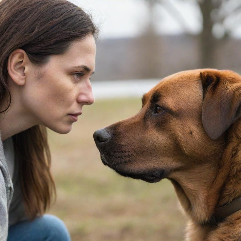 A compassionate woman with visible empathy in her eyes, facing a brown, melancholy-looking dog, appearing to engage in a profound conversation with him.