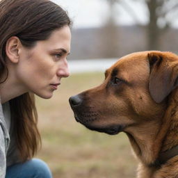 A compassionate woman with visible empathy in her eyes, facing a brown, melancholy-looking dog, appearing to engage in a profound conversation with him.