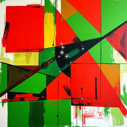 A dynamic non-objective composition featuring a striking contrast of geometric shapes and vibrant colors, specifically highlighting bold red and green tones