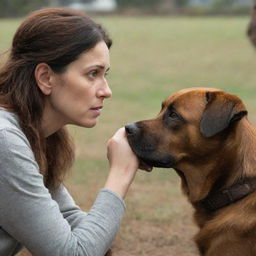 A compassionate woman with visible empathy in her eyes, facing a brown, melancholy-looking dog, appearing to engage in a profound conversation with him.