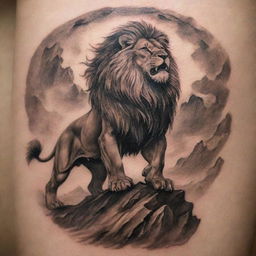 An imposing tattoo representing sheer strength and an unconquerable nature. It features a majestic, roaring lion standing atop a mountain, weathering a storm, underscored by a banner with the inscription 'Unconquerable'