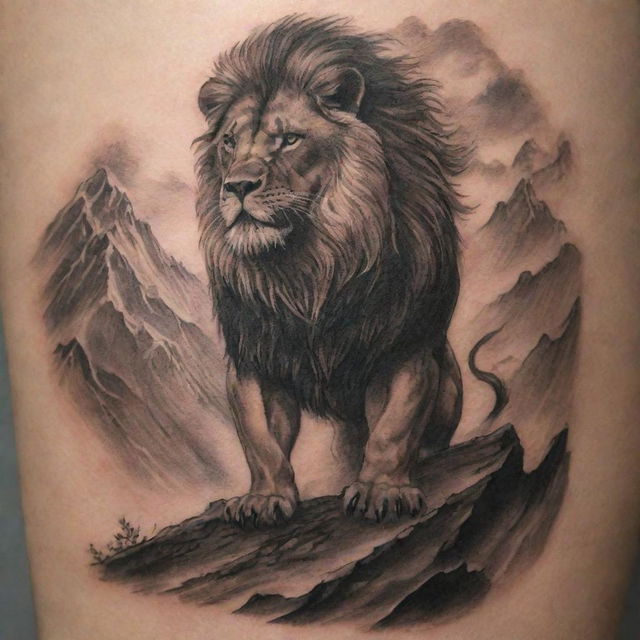 An imposing tattoo representing sheer strength and an unconquerable nature. It features a majestic, roaring lion standing atop a mountain, weathering a storm, underscored by a banner with the inscription 'Unconquerable'