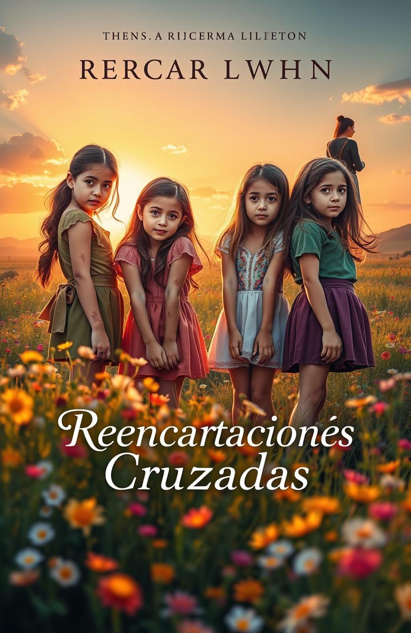 A captivating cover for a book titled "Reencarnaciones Cruzadas", showcasing a vibrant meadow filled with wildflowers, illuminated by the soft glow of a sunset that bathes the landscape in golden and orange hues
