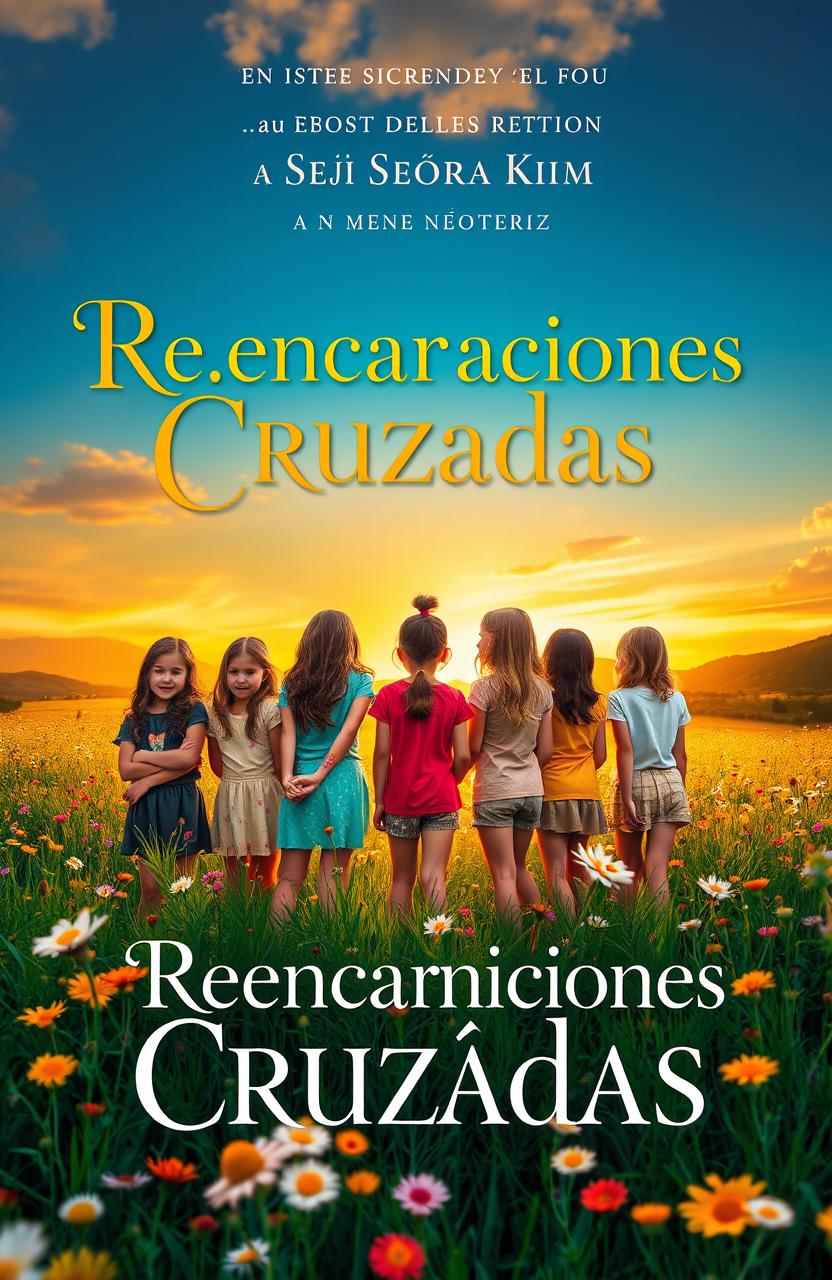A captivating cover for a book titled "Reencarnaciones Cruzadas", showcasing a vibrant meadow filled with wildflowers, illuminated by the soft glow of a sunset that bathes the landscape in golden and orange hues