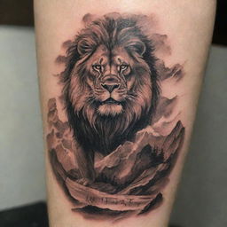 An imposing tattoo representing sheer strength and an unconquerable nature. It features a majestic, roaring lion standing atop a mountain, weathering a storm, underscored by a banner with the inscription 'Unconquerable'