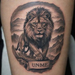 An imposing tattoo representing sheer strength and an unconquerable nature. It features a majestic, roaring lion standing atop a mountain, weathering a storm, underscored by a banner with the inscription 'Unconquerable'