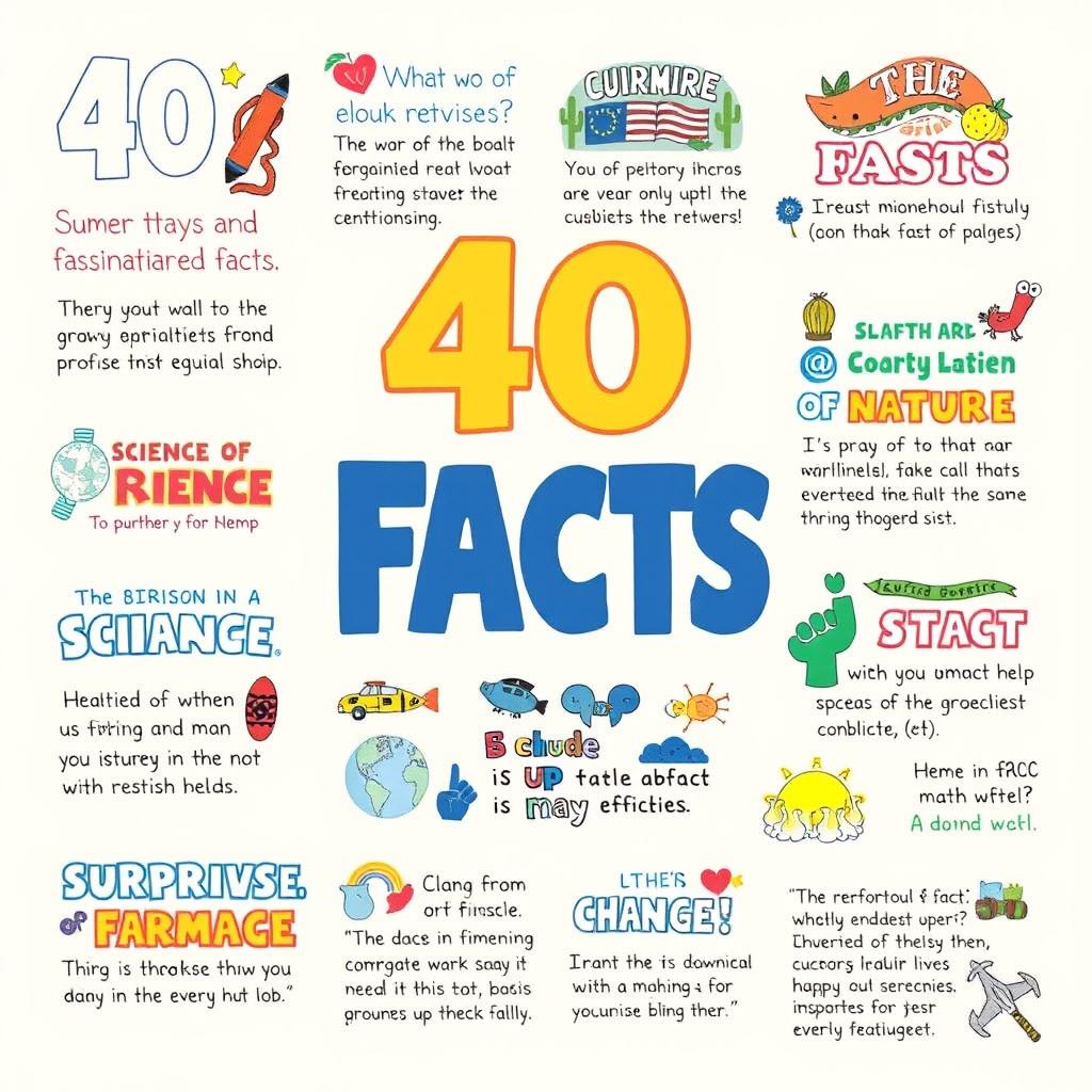 40 surprising and fascinating facts from a variety of categories such as science, history, and nature, illustrated with colorful and vibrant visuals