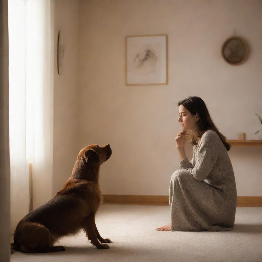 In a comfortable, ambient-lit room, a concerned woman faces a melancholic brown dog, speaking to it with a soft tone, a picture of intimate and empathetic interaction.