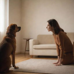 In a comfortable, ambient-lit room, a concerned woman faces a melancholic brown dog, speaking to it with a soft tone, a picture of intimate and empathetic interaction.